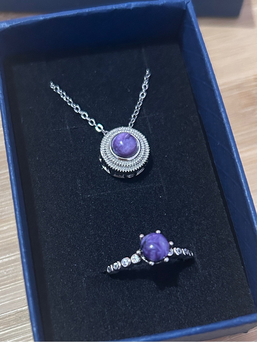 Copper+Silver Natural Charoite Necklace and Ring Set